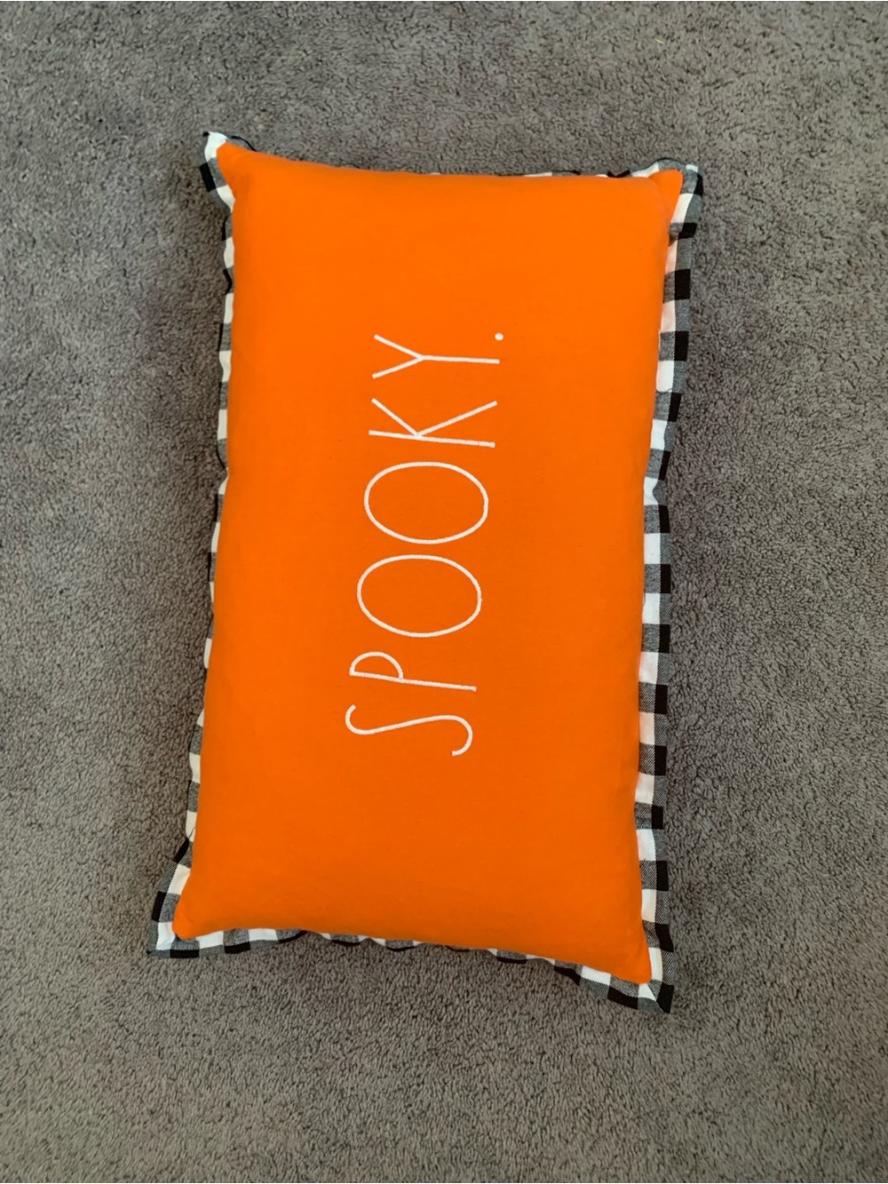 Rae Dunn Orange 'SPOOKY.' Pillow with Black & White Check Trim